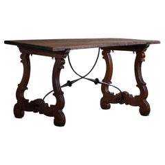 Antique Spanish Brutalist Table in Solid Oak & Wrought Iron, 19th Century