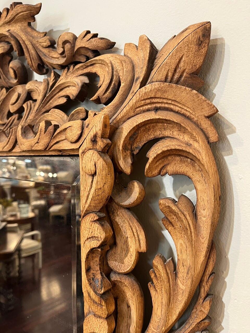 Rococo Antique Spanish Carved Bleached Oak Mirror For Sale