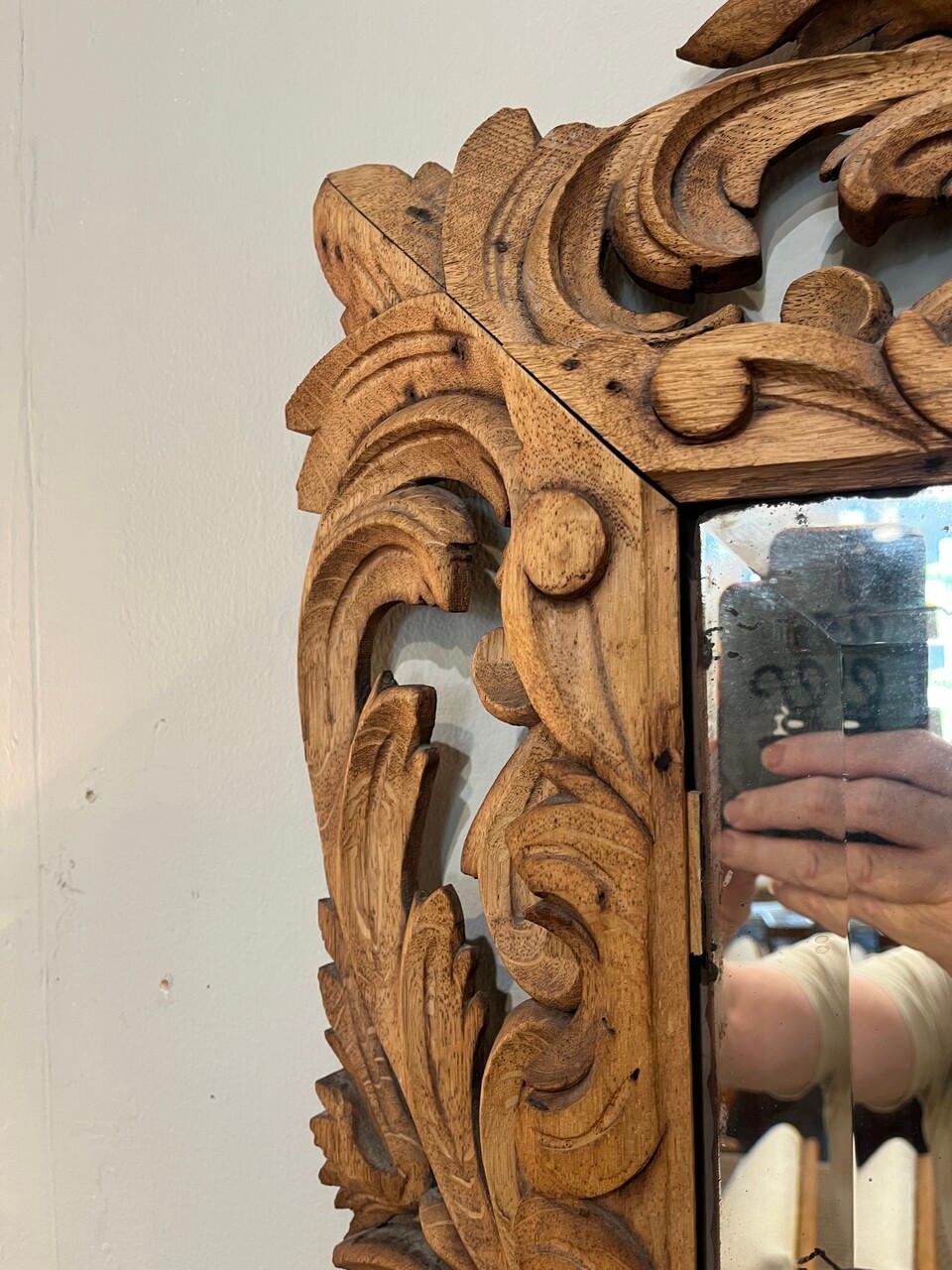 20th Century Antique Spanish Carved Bleached Oak Mirror For Sale