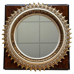 Antiguo Espejo Redondo Tallado Español Dorado y Pintado a la Crema