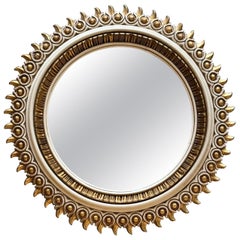 Antique Spanish Carved Gold Gilt and Creme Paint Decorated Round Mirror Antique Spanish Carved Gold Gilt and Creme Paint Decorated Round Mirror