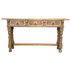 Antique Spanish Carved Light Walnut Wood Console Table with Three Drawers