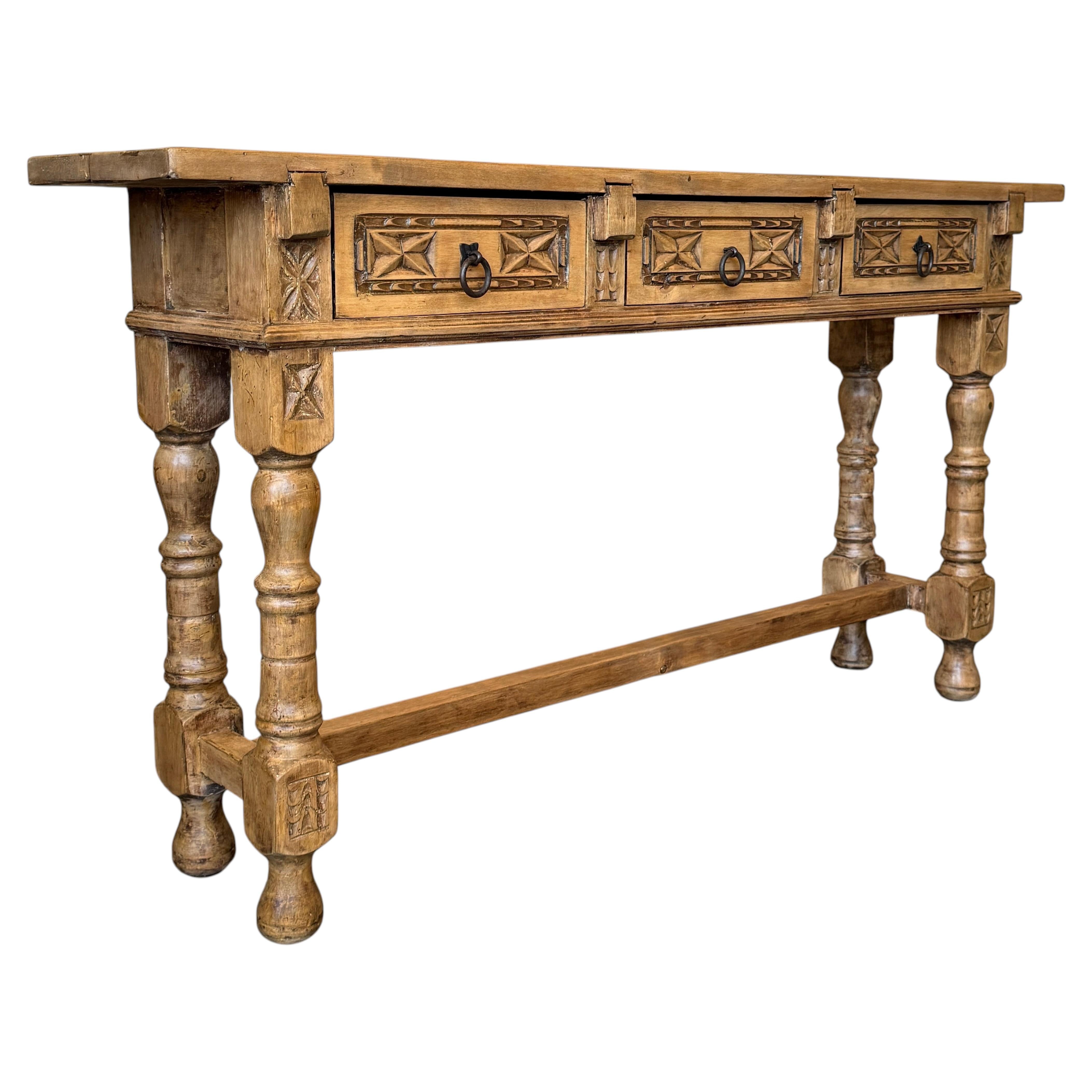 Antique Spanish Carved Light Walnut Wood Console Table with Three Drawers