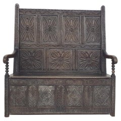 Antique Spanish Carved Oak Bench with Storage Space