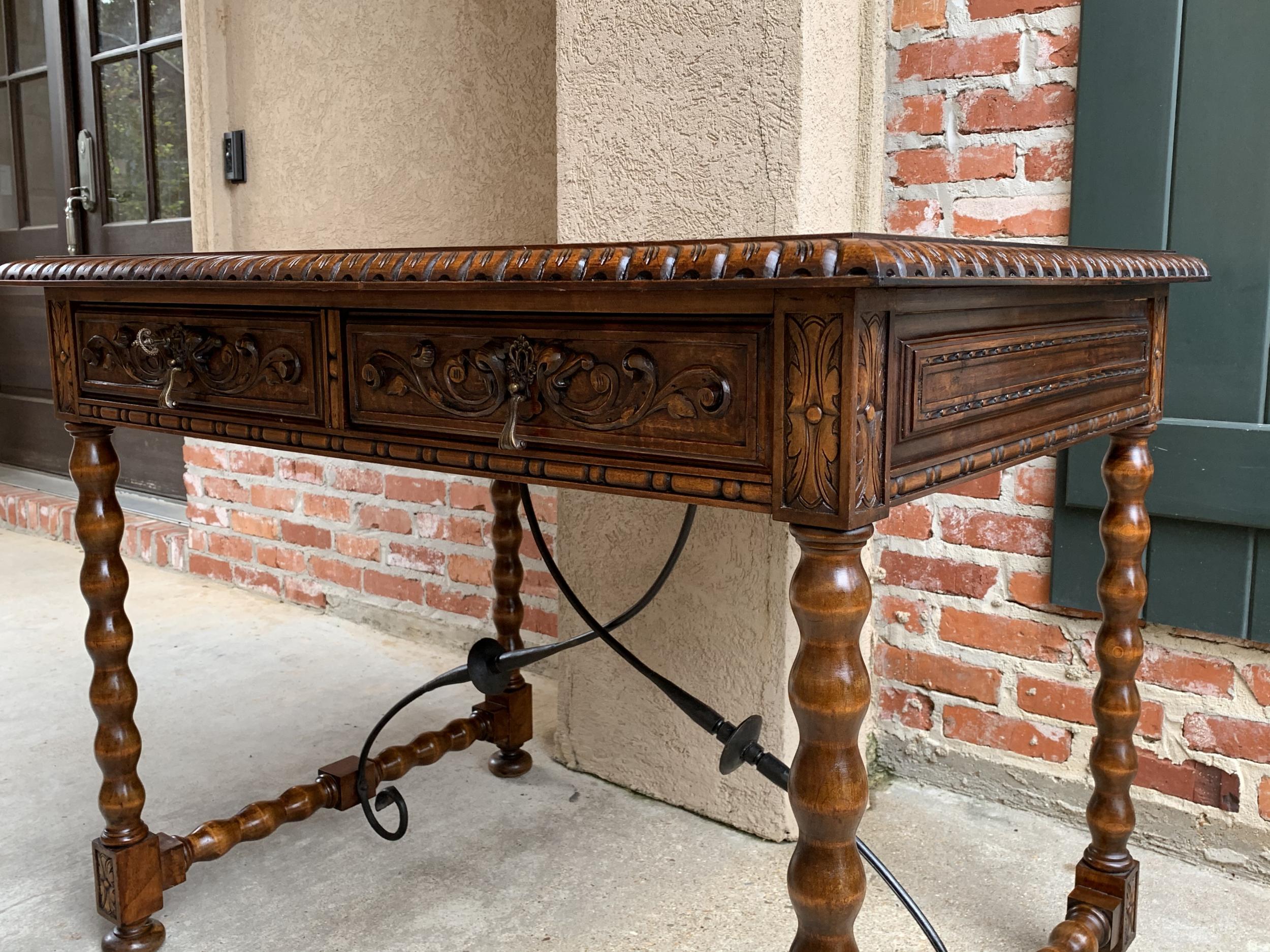 Antique Spanish Carved Oak Office Desk Writing Sofa Side Table Catalan Iron In Good Condition In Shreveport, LA