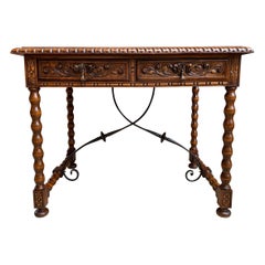 Antique Spanish Carved Oak Office Desk Writing Sofa Side Table Catalan Iron