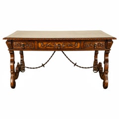 Antique Spanish Carved Walnut Baroque Partners Desk Writing Trestle Table 1880