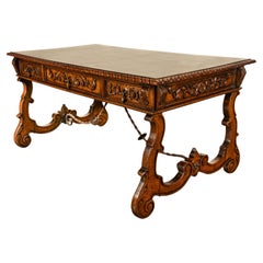 Antique Spanish Carved Walnut Baroque Partners Desk Writing Trestle Table 1880