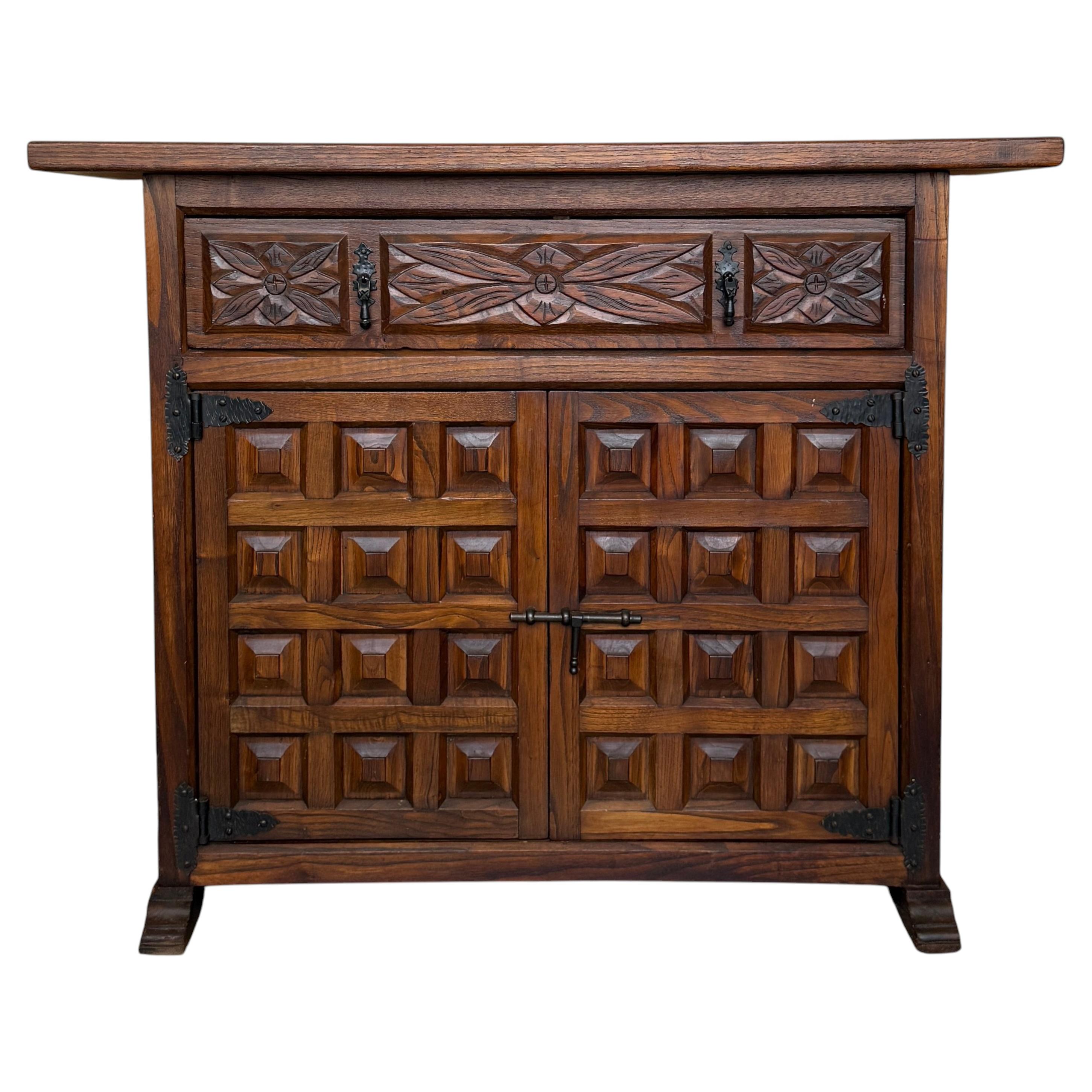 Antique Spanish Carved Walnut Cabinet with Drawer and Two Doors