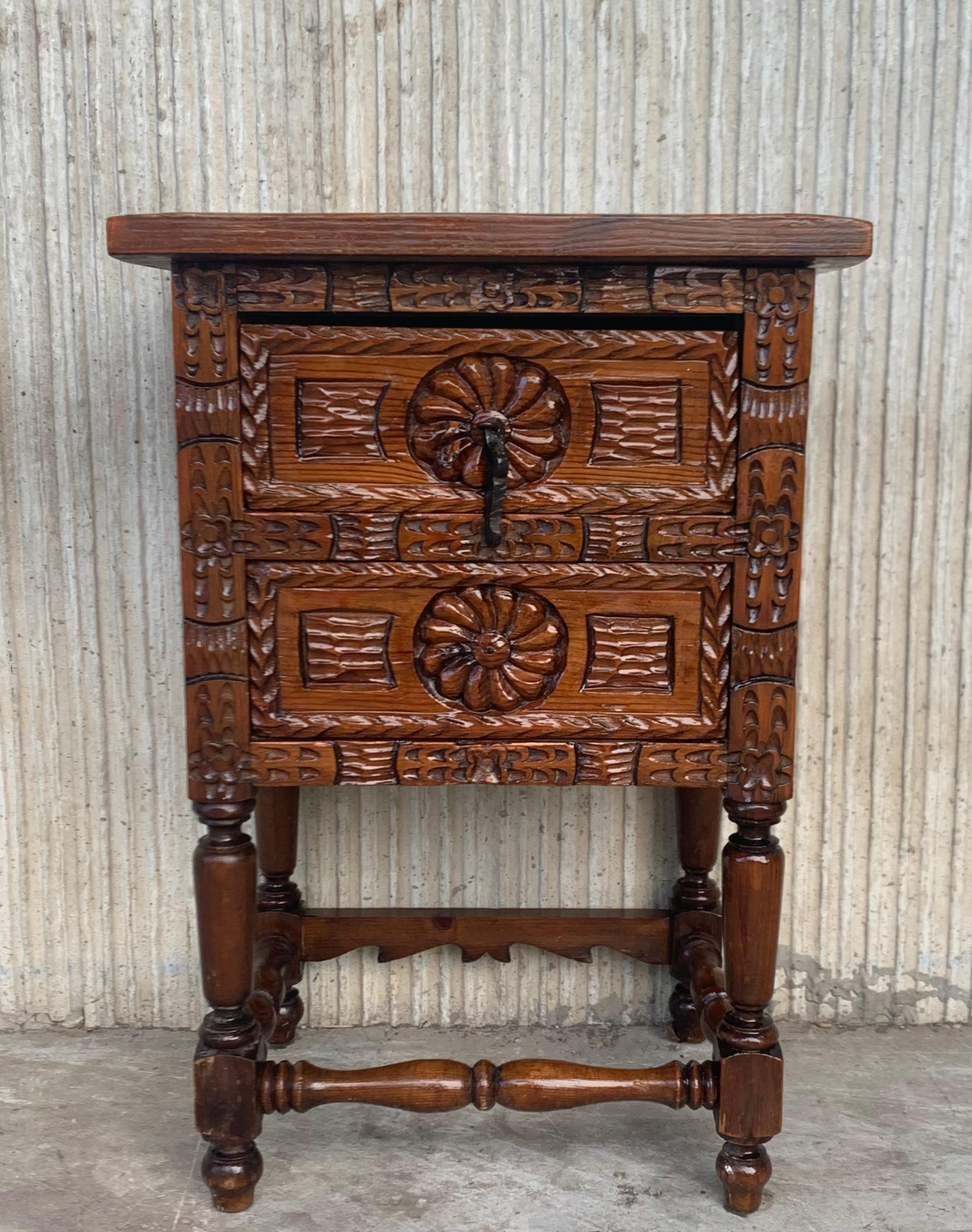 Highly carved late 19th century antique Spanish end table or nightstand with 2 drawers
These versatile tables were very popular, characterized by elaborate Renaissance Revival carvings, this table is extra special and sometimes referred to as a