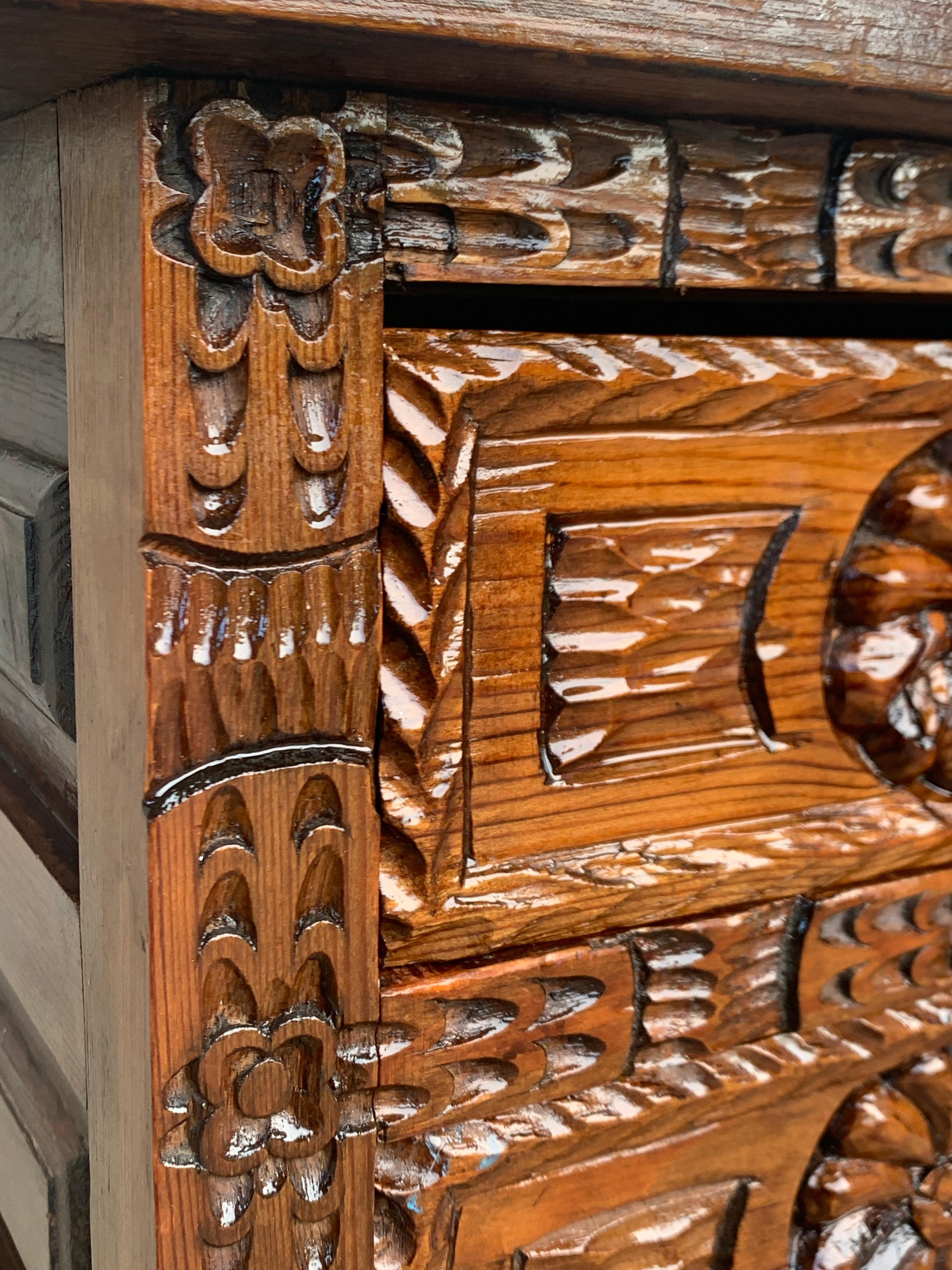 Hand-Carved Antique Spanish Carved Walnut End Table or Nightstand with 2 Drawers For Sale