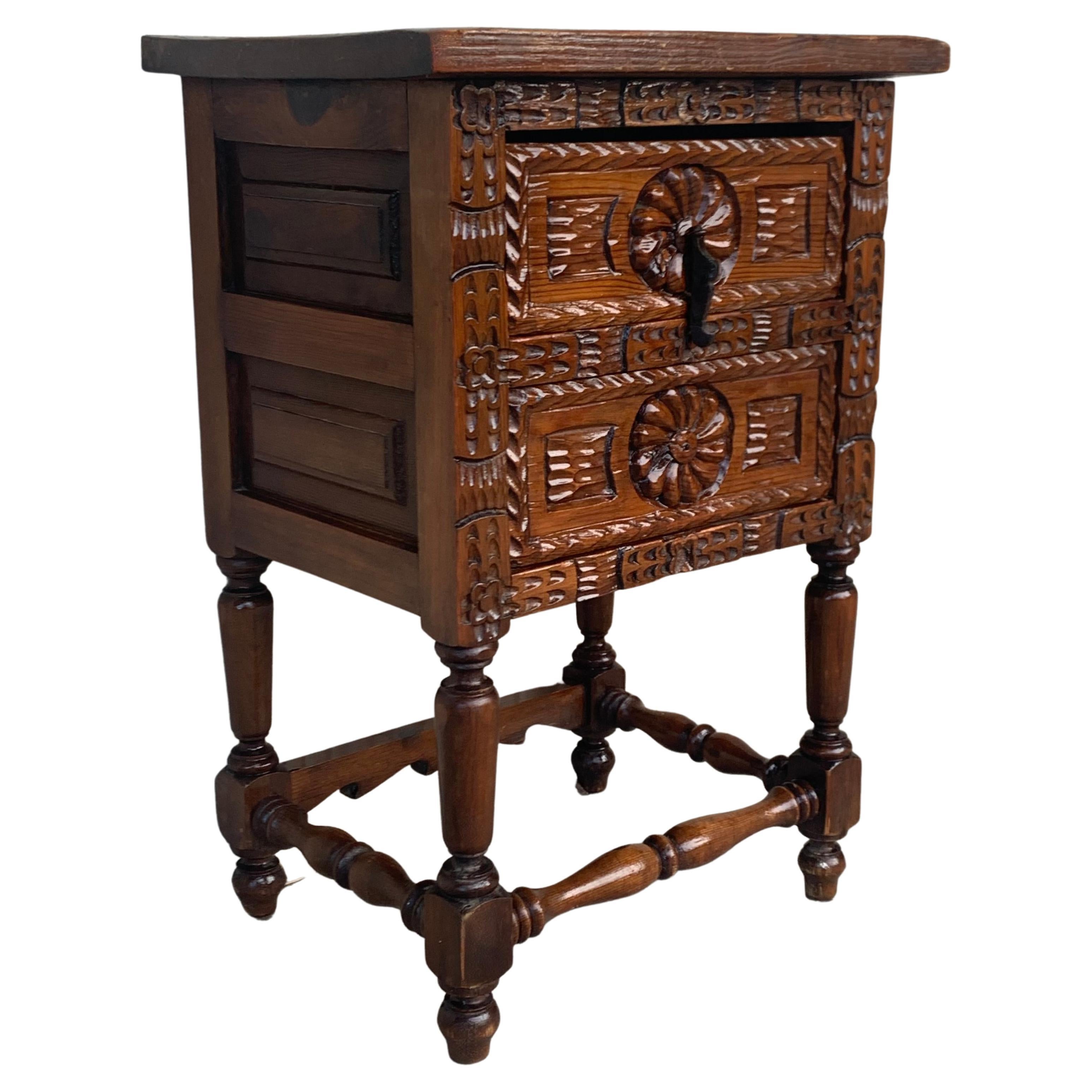 Antique Spanish Carved Walnut End Table or Nightstand with 2 Drawers For Sale