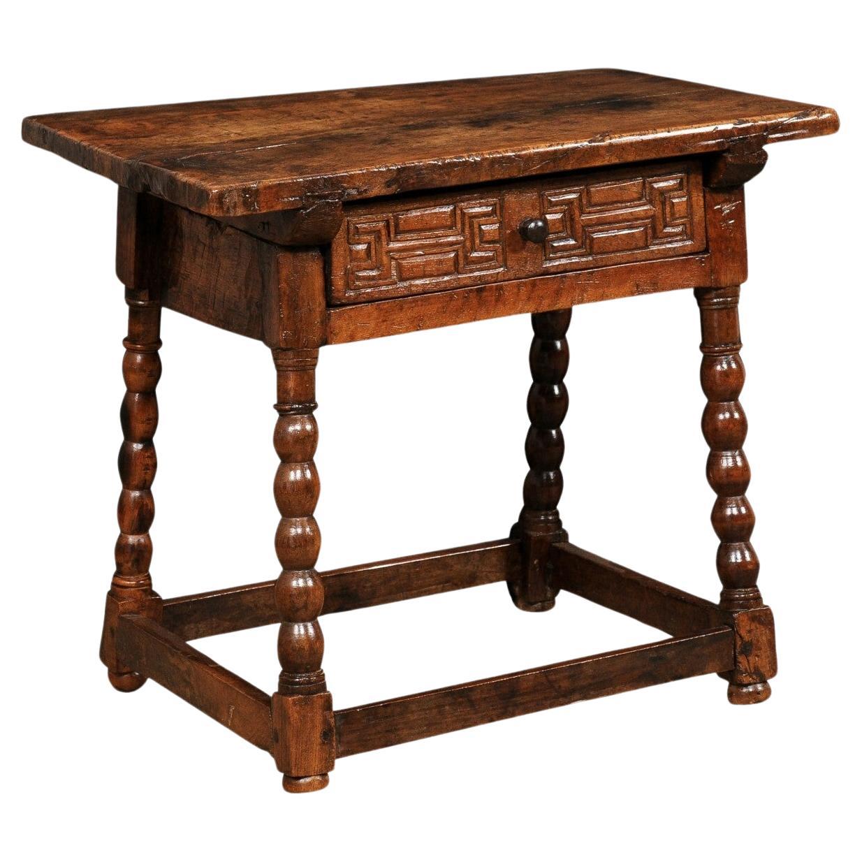 Antique Spanish Carved-Wood Accent Table w/Drawer For Sale