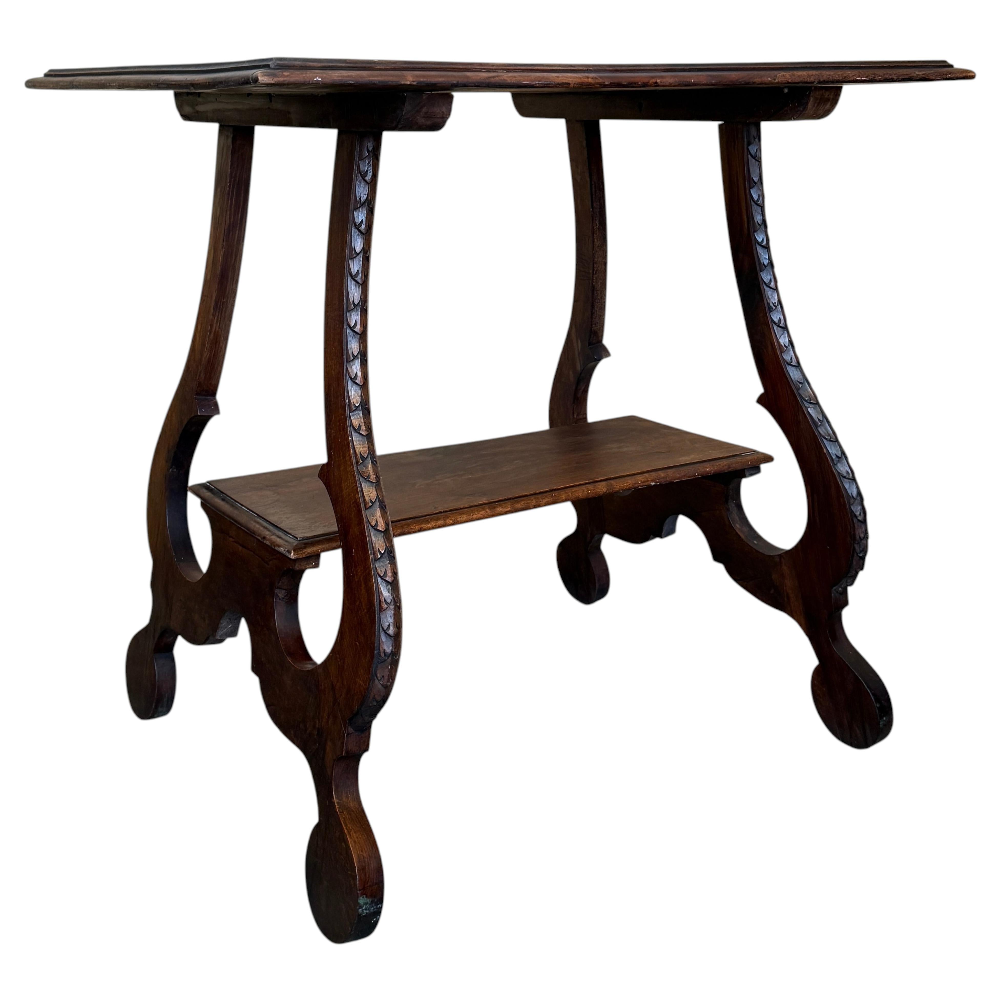 Antique Spanish Carved Wood Console Table with Low Shelve