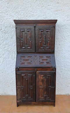 Antique Spanish Carved Wooden Bureau Cabinet with Drop-Front Desk, 19th Century