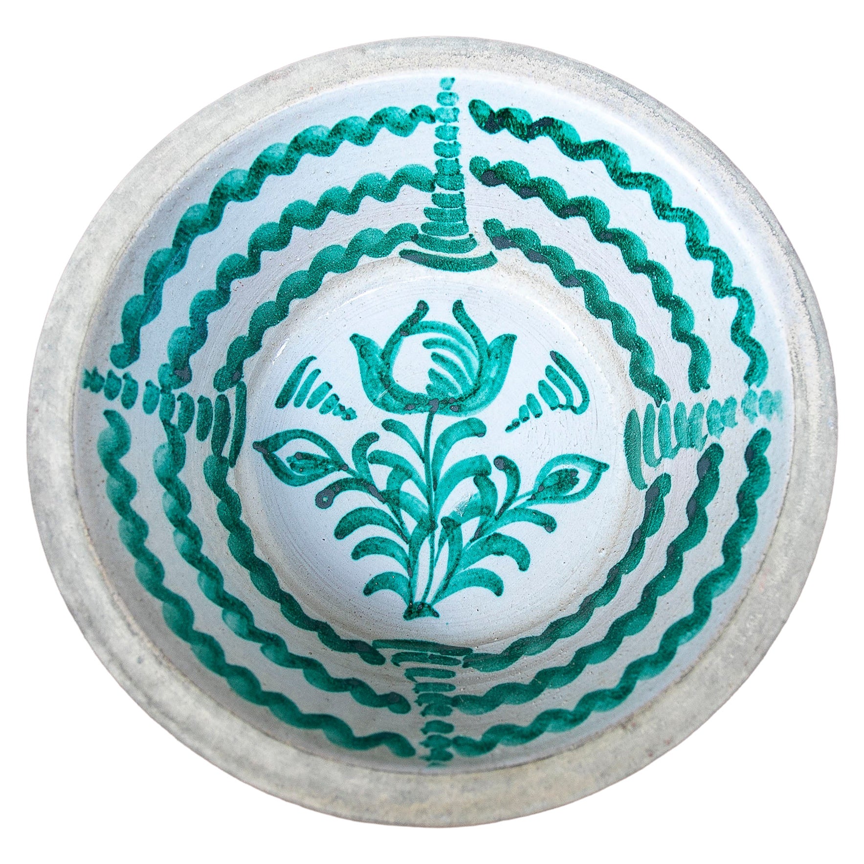 Antique Spanish Ceramic Bowl with Green Decoration For Sale
