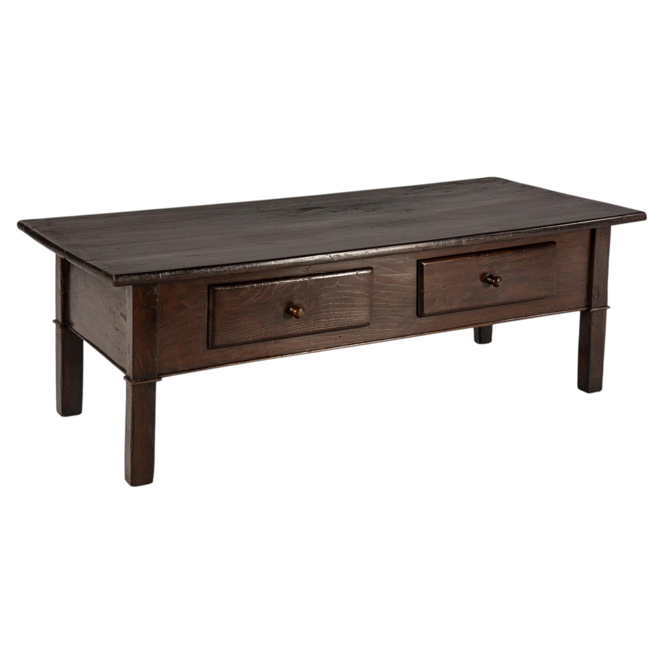 Antique Spanish Chestnut Coffee Table with Two Drawers and Rich Brown Patina