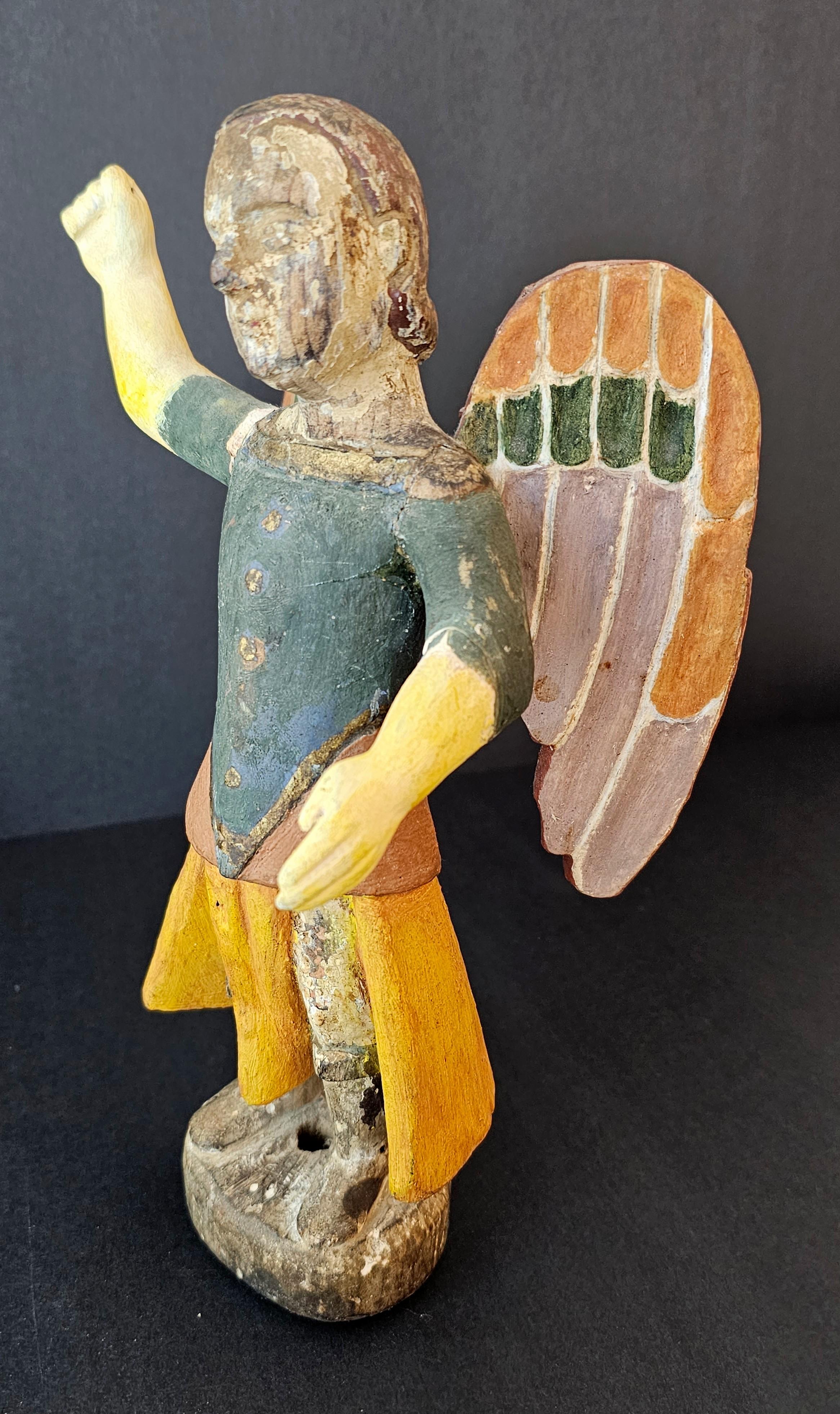 Antique Spanish Colonial Archangel Polychrome Wood Santo Carving  For Sale 8