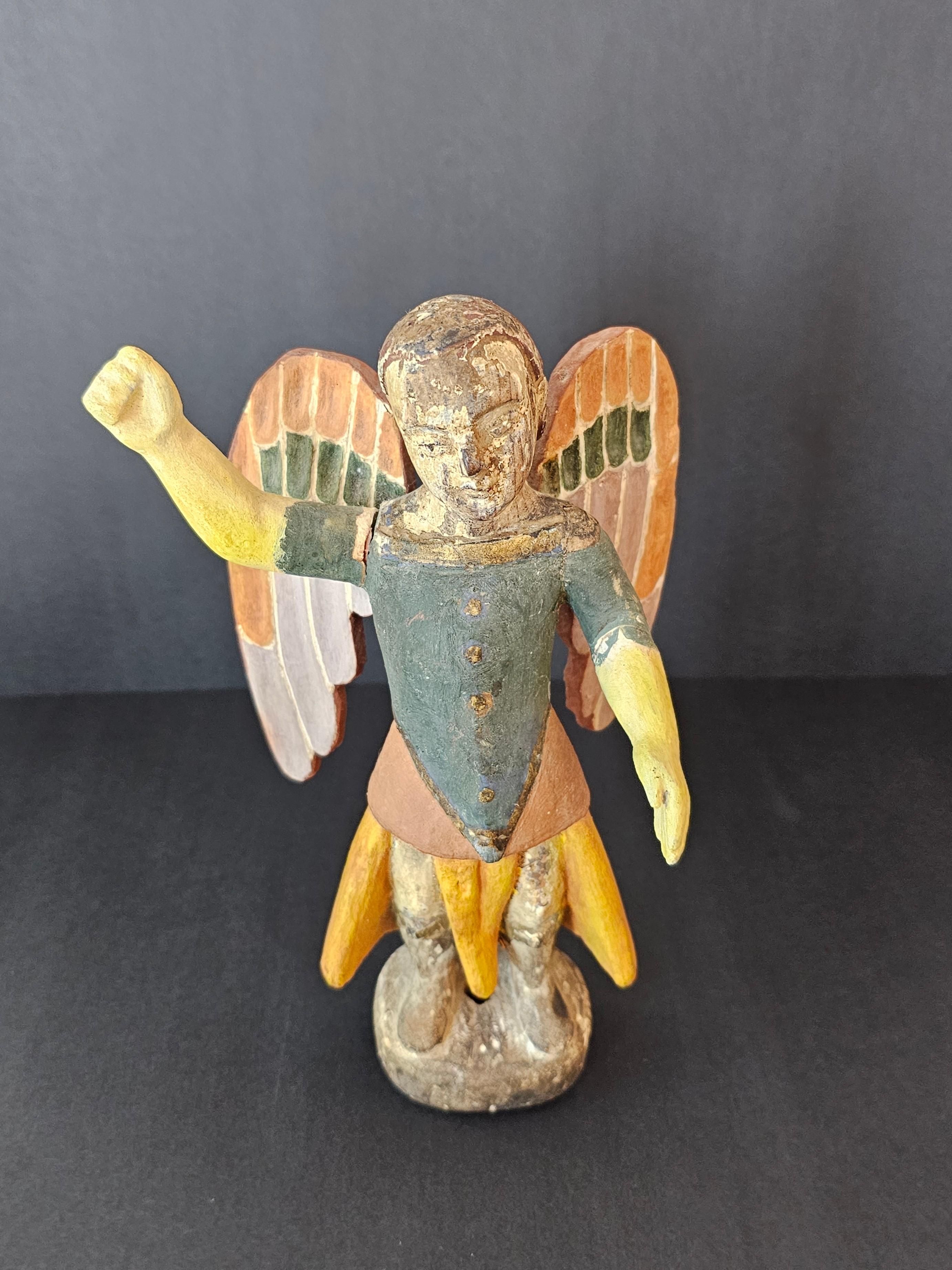 19th Century Antique Spanish Colonial Archangel Polychrome Wood Santo Carving  For Sale