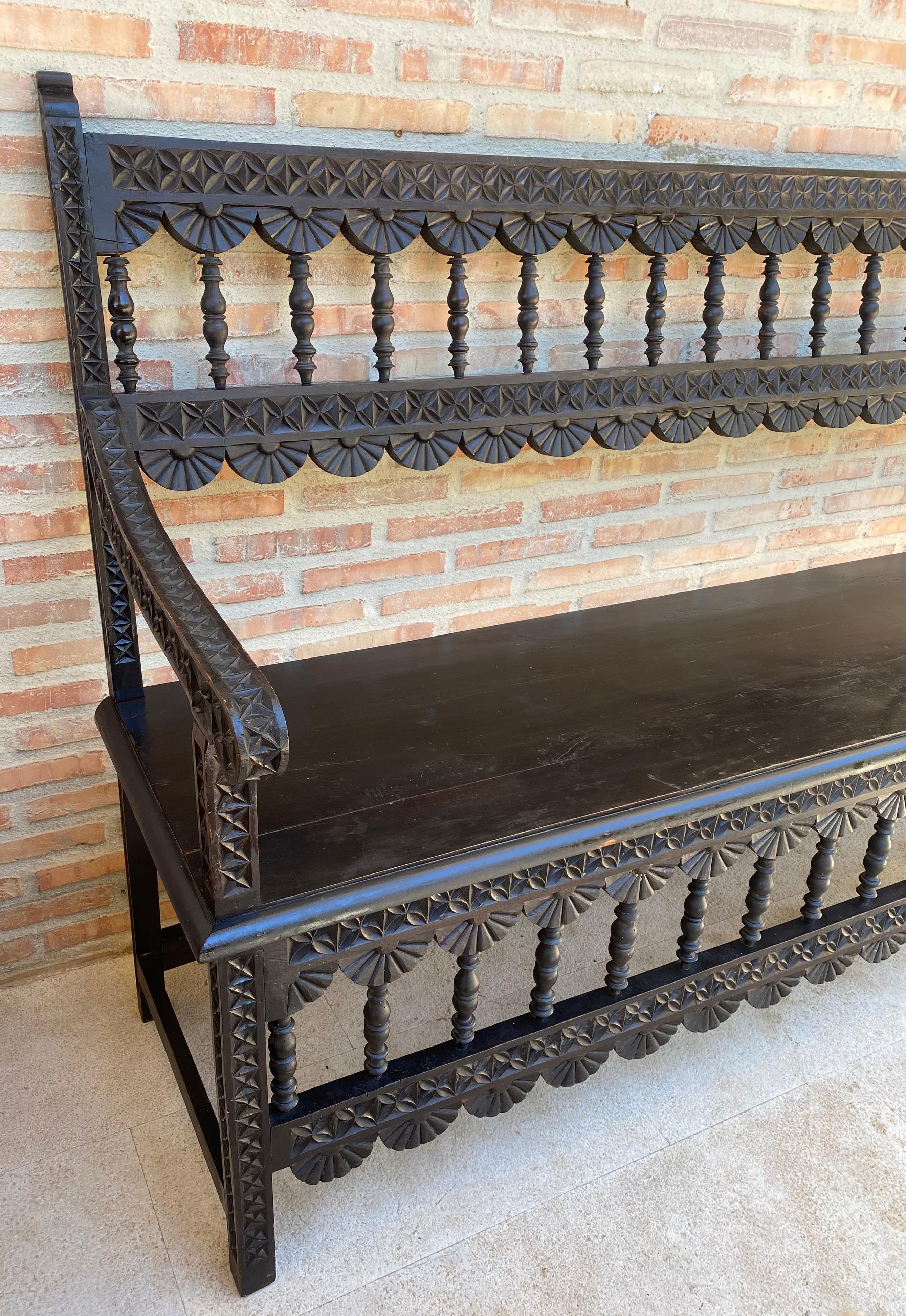 Antique Spanish Colonial Carved Walnut Bench, 1910s For Sale 1