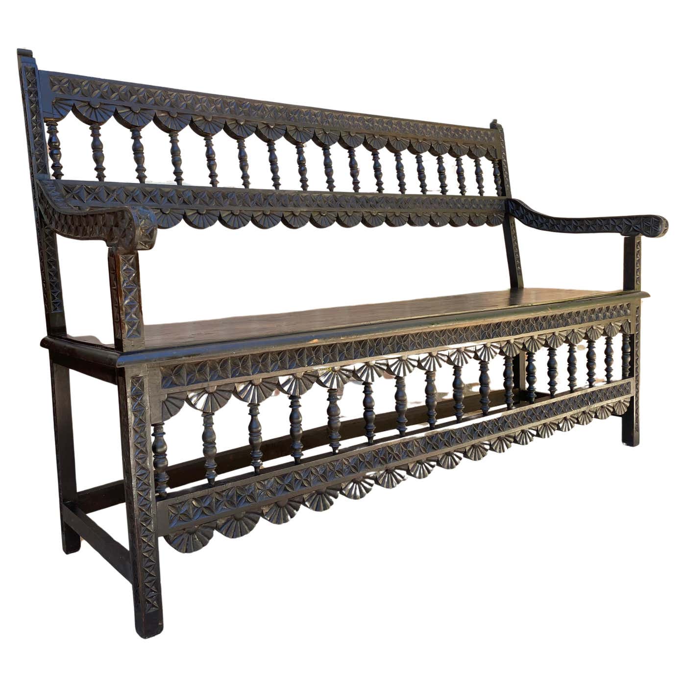Antique Spanish Colonial Carved Walnut Bench, 1910s at 1stDibs