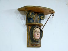 Antique Spanish Colonial Carved Wood Shelf 19th Century with Virgin Mary
