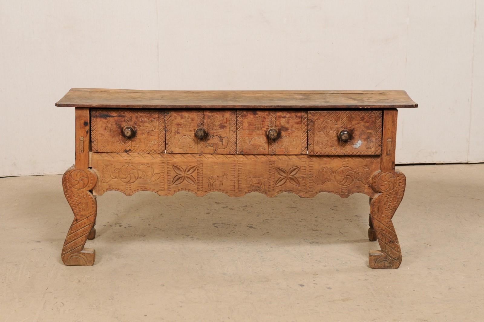 Antique Spanish Colonial Console w/Drawers, Adorn in Primitive-Style Carvings 5