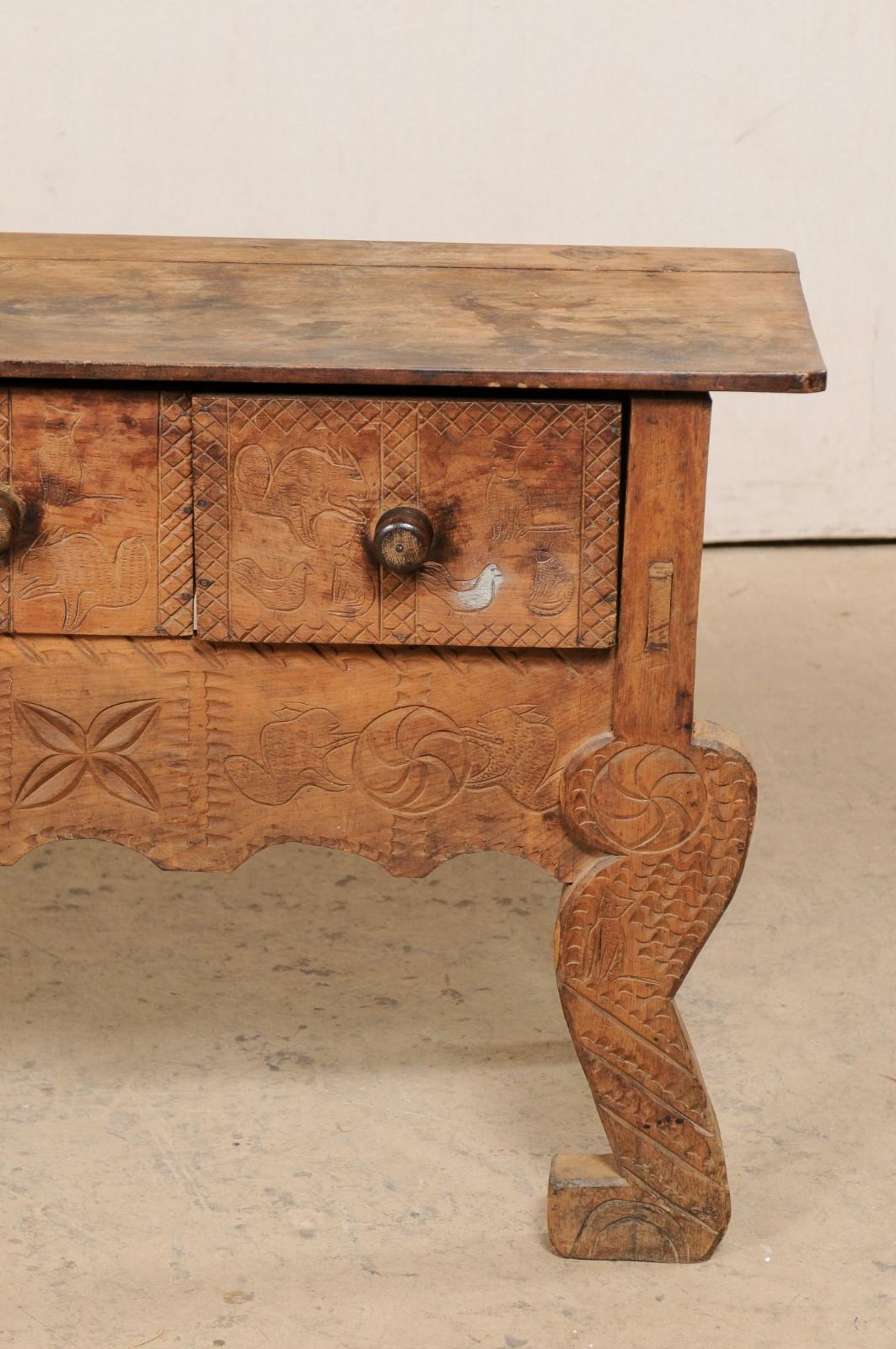 Antique Spanish Colonial Console w/Drawers, Adorn in Primitive-Style Carvings 6