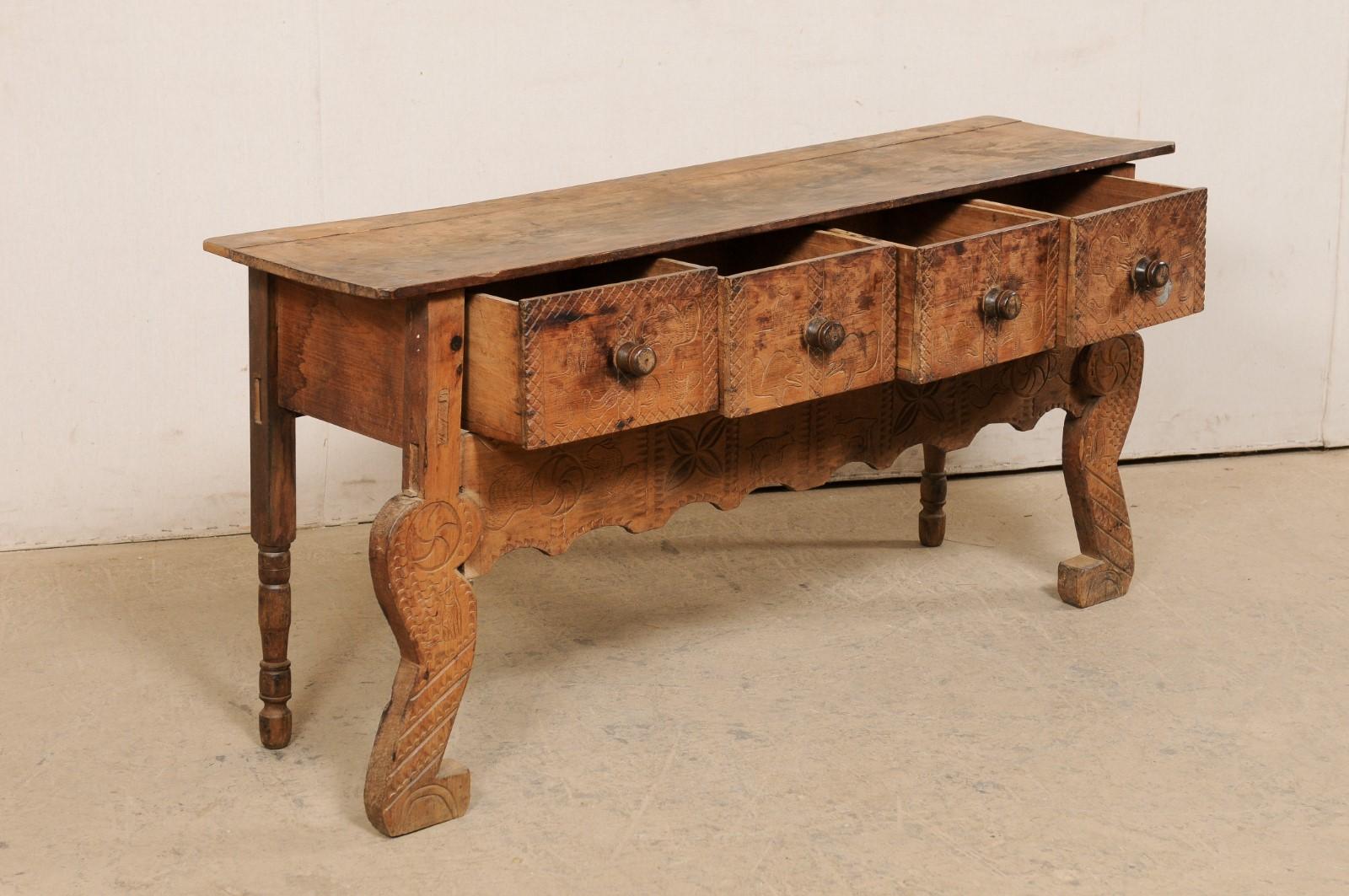 Antique Spanish Colonial Console w/Drawers, Adorn in Primitive-Style Carvings In Good Condition In Atlanta, GA