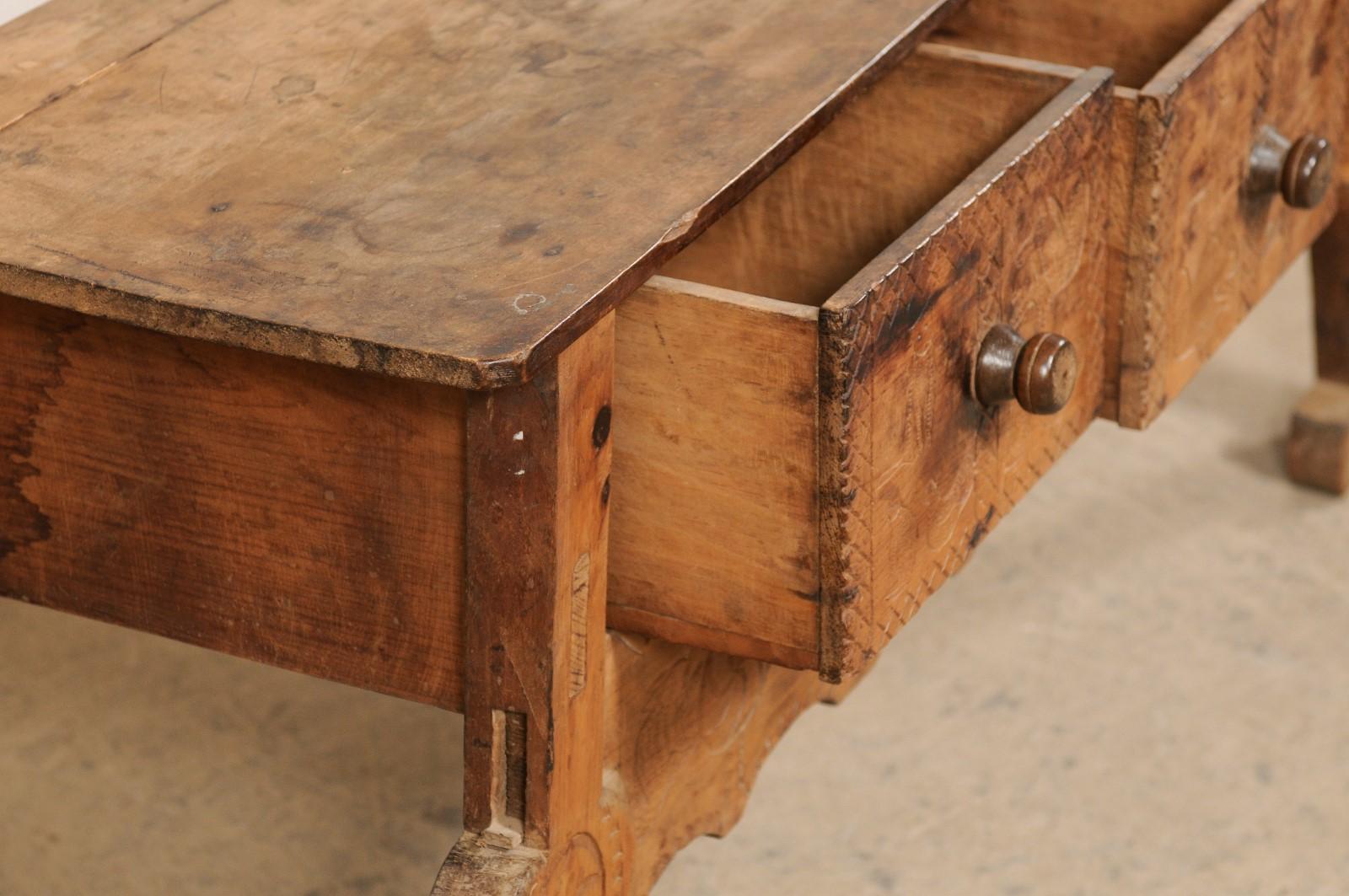 20th Century Antique Spanish Colonial Console w/Drawers, Adorn in Primitive-Style Carvings
