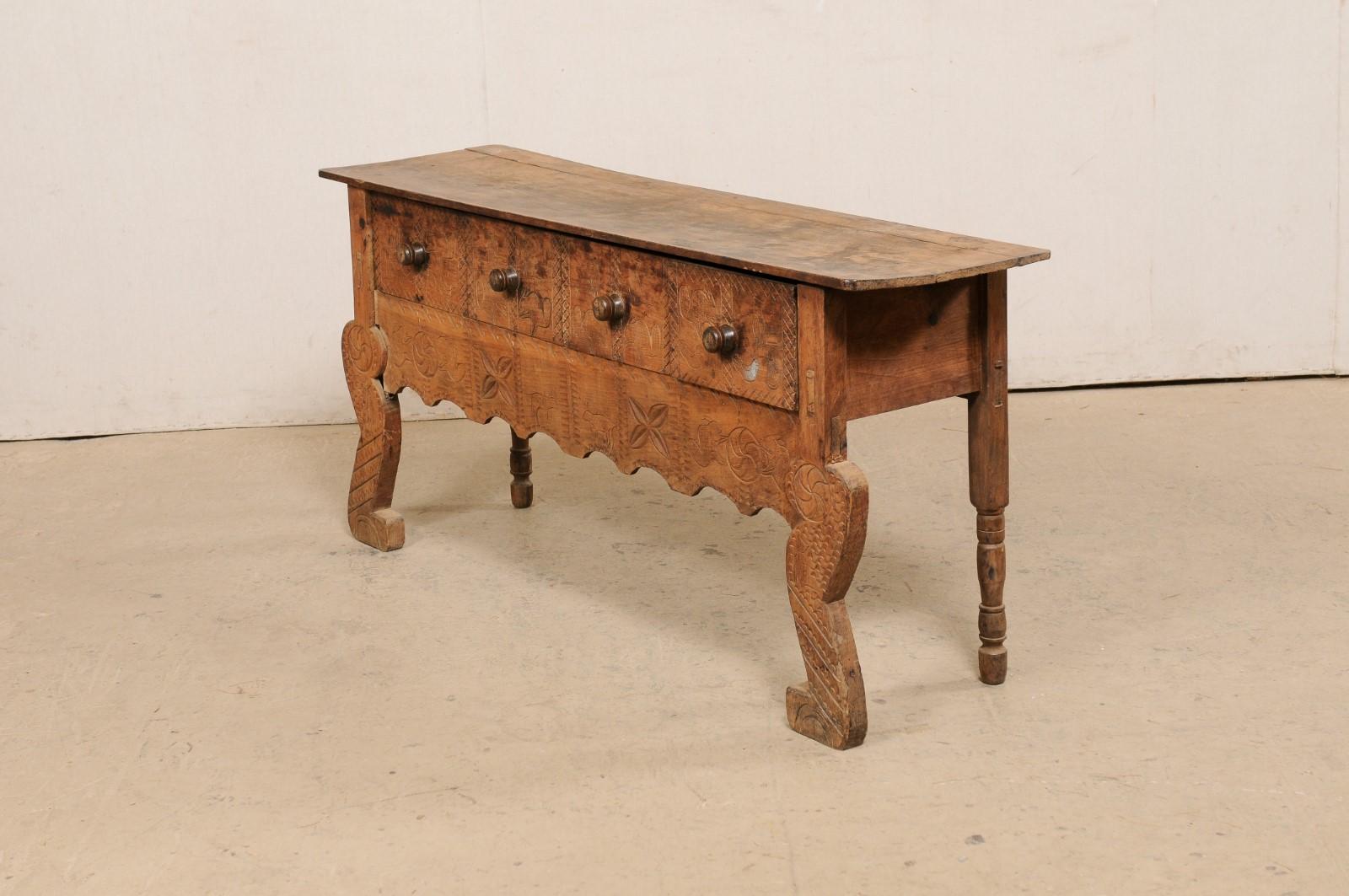 Antique Spanish Colonial Console w/Drawers, Adorn in Primitive-Style Carvings 4