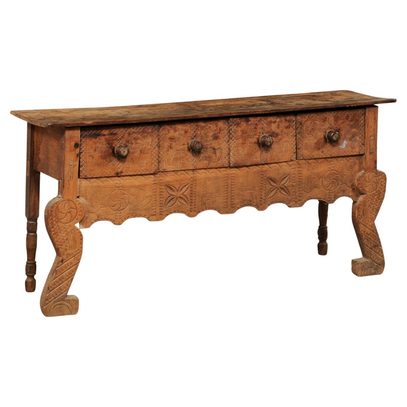 Antique Spanish Colonial Console w/Drawers, Adorn in Primitive-Style Carvings