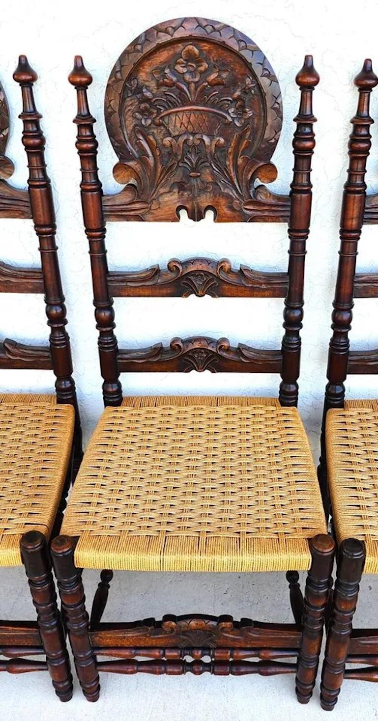 Antike spanische Kolonial-Esszimmerstühle, Seilsitze, 1800er Jahre, 6er-Set, Set im Angebot 6