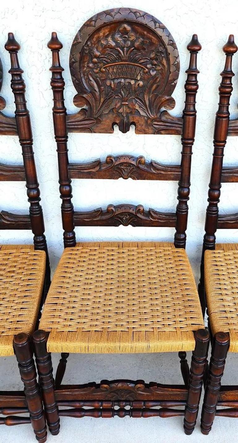 Antike spanische Kolonial-Esszimmerstühle, Seilsitze, 1800er Jahre, 6er-Set, Set im Angebot 7
