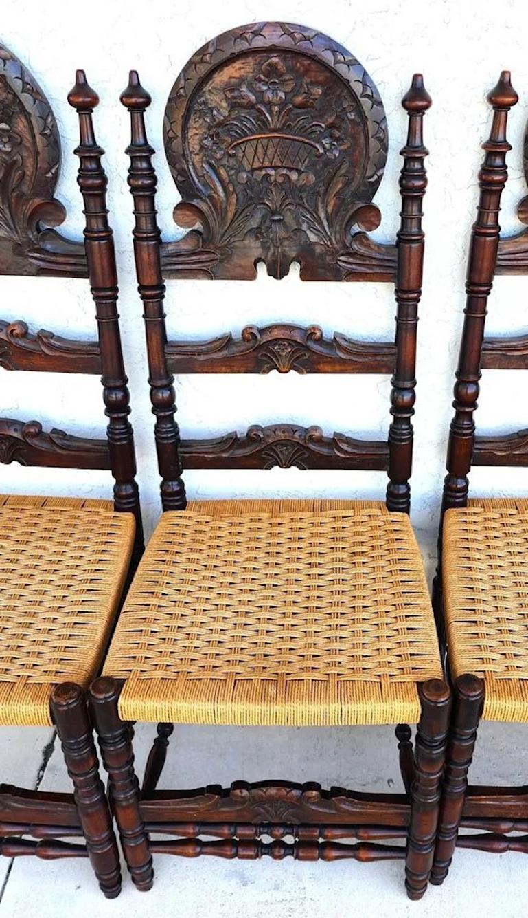Antike spanische Kolonial-Esszimmerstühle, Seilsitze, 1800er Jahre, 6er-Set, Set im Angebot 8