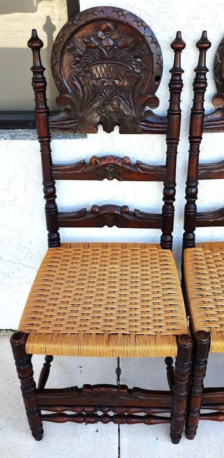 Antike spanische Kolonial-Esszimmerstühle, Seilsitze, 1800er Jahre, 6er-Set, Set im Angebot 9