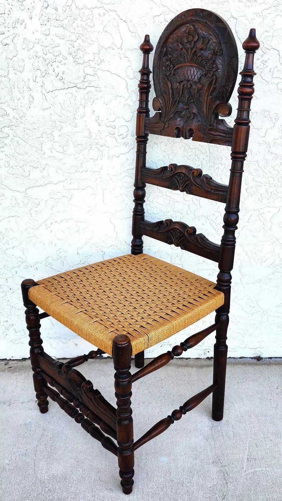 Antike spanische Kolonial-Esszimmerstühle, Seilsitze, 1800er Jahre, 6er-Set, Set (Spanisch Kolonial) im Angebot