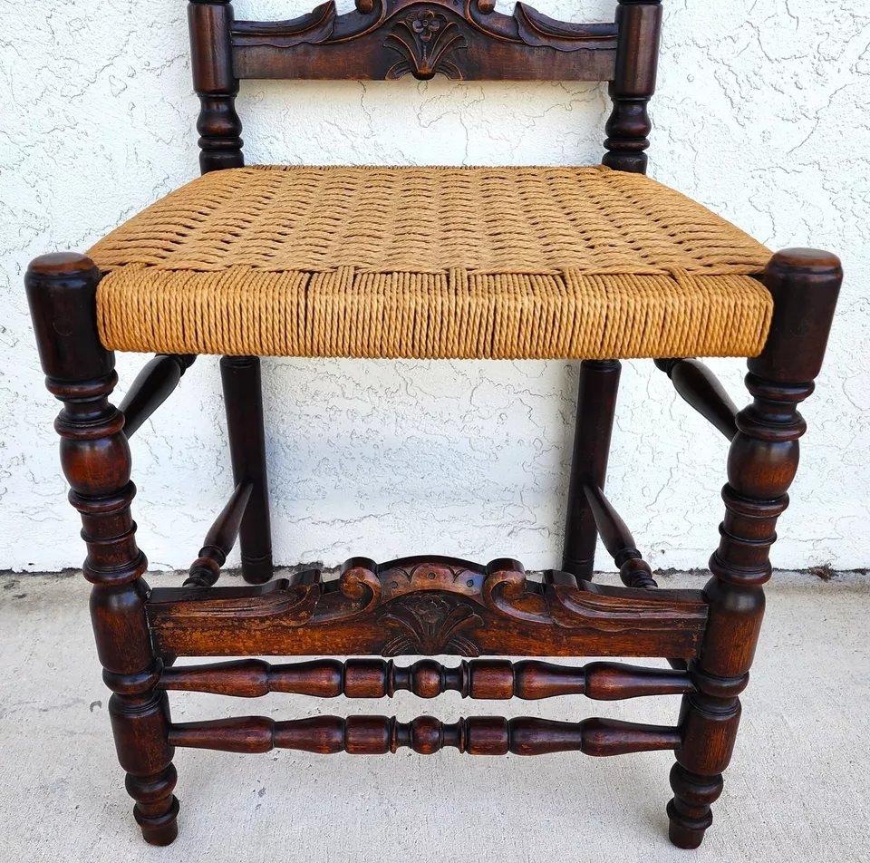 Antike spanische Kolonial-Esszimmerstühle, Seilsitze, 1800er Jahre, 6er-Set, Set (19. Jahrhundert) im Angebot