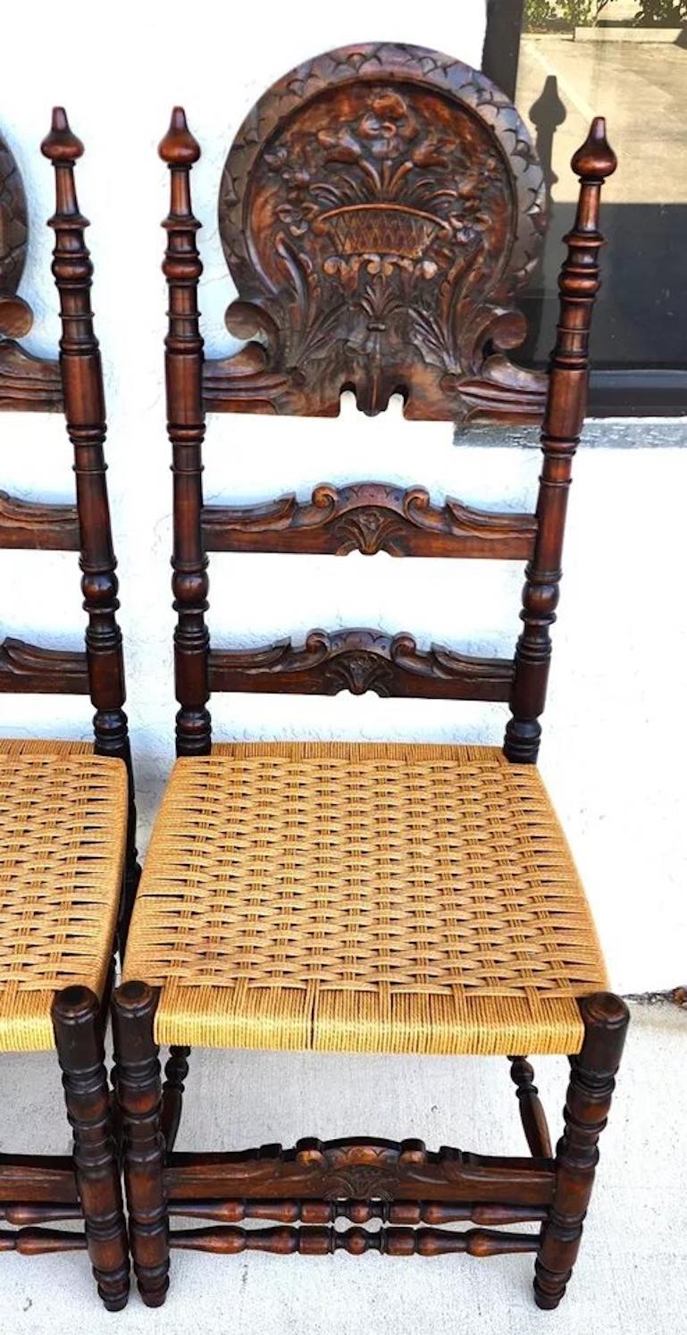 Antike spanische Kolonial-Esszimmerstühle, Seilsitze, 1800er Jahre, 6er-Set, Set im Angebot 4