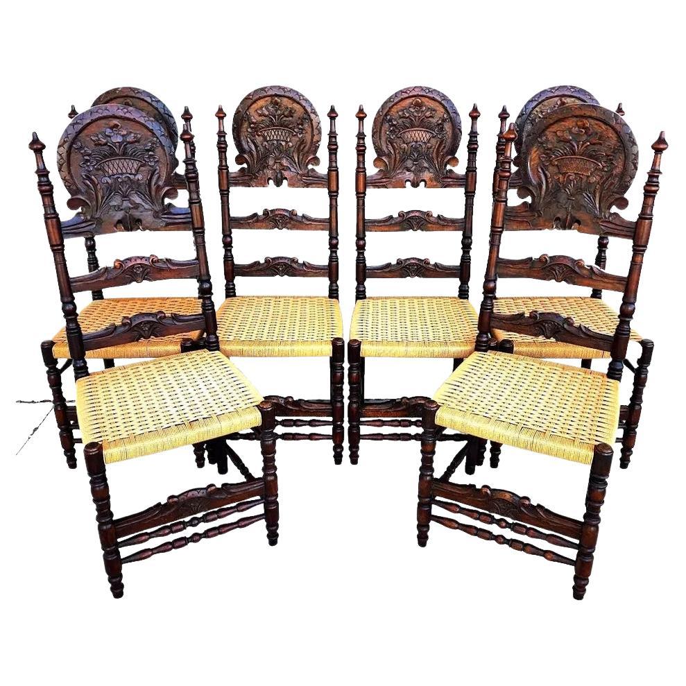 Antique Spanish Colonial Dining Chairs Rope Seats 1800s Set of 6