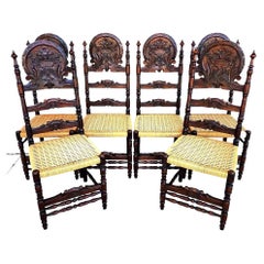 Antique Spanish Colonial Dining Chairs Rope Seats 1800s Set of 6