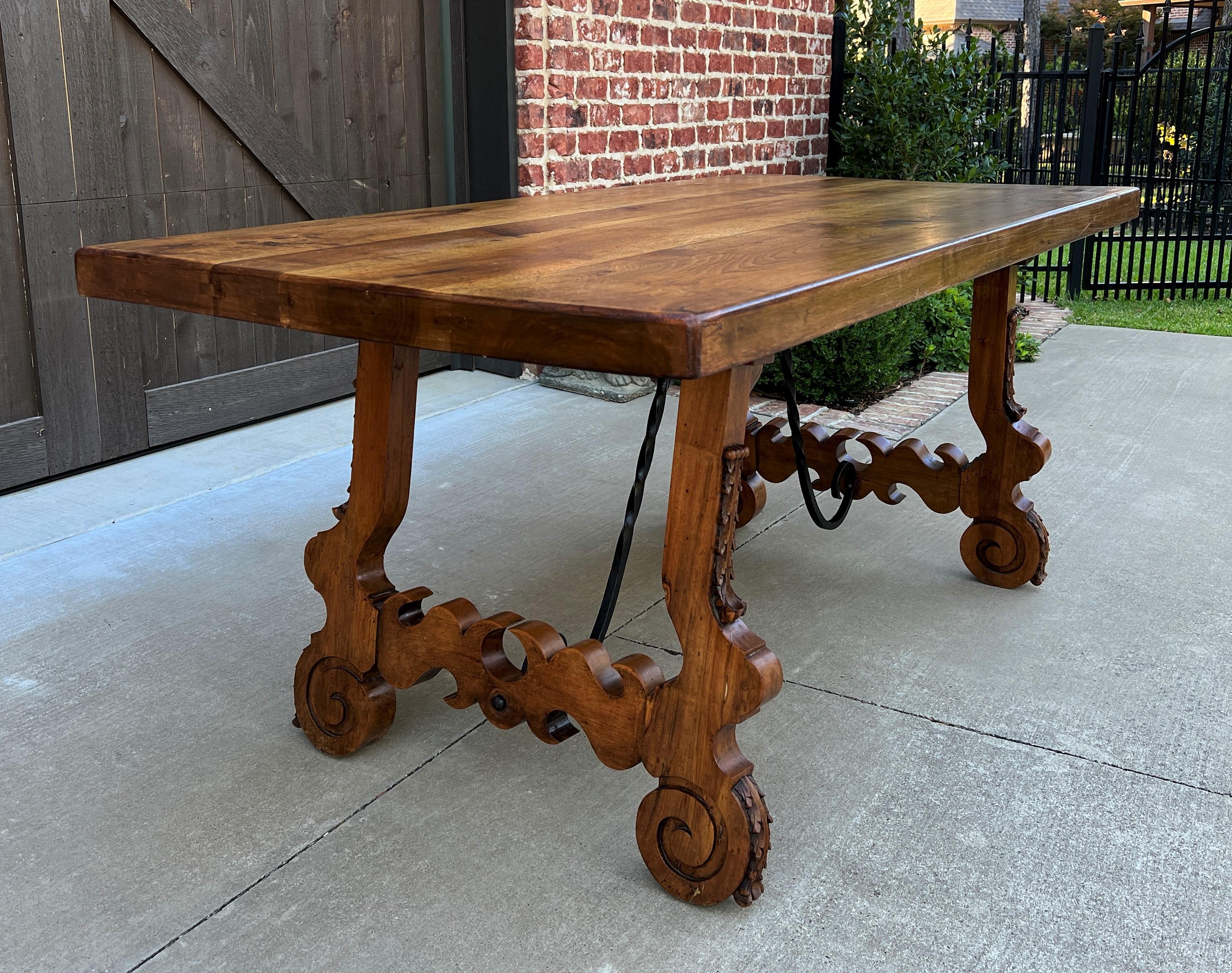 Carved Antique Spanish Colonial Dining Table Walnut & Iron Catalan Style Library Desk