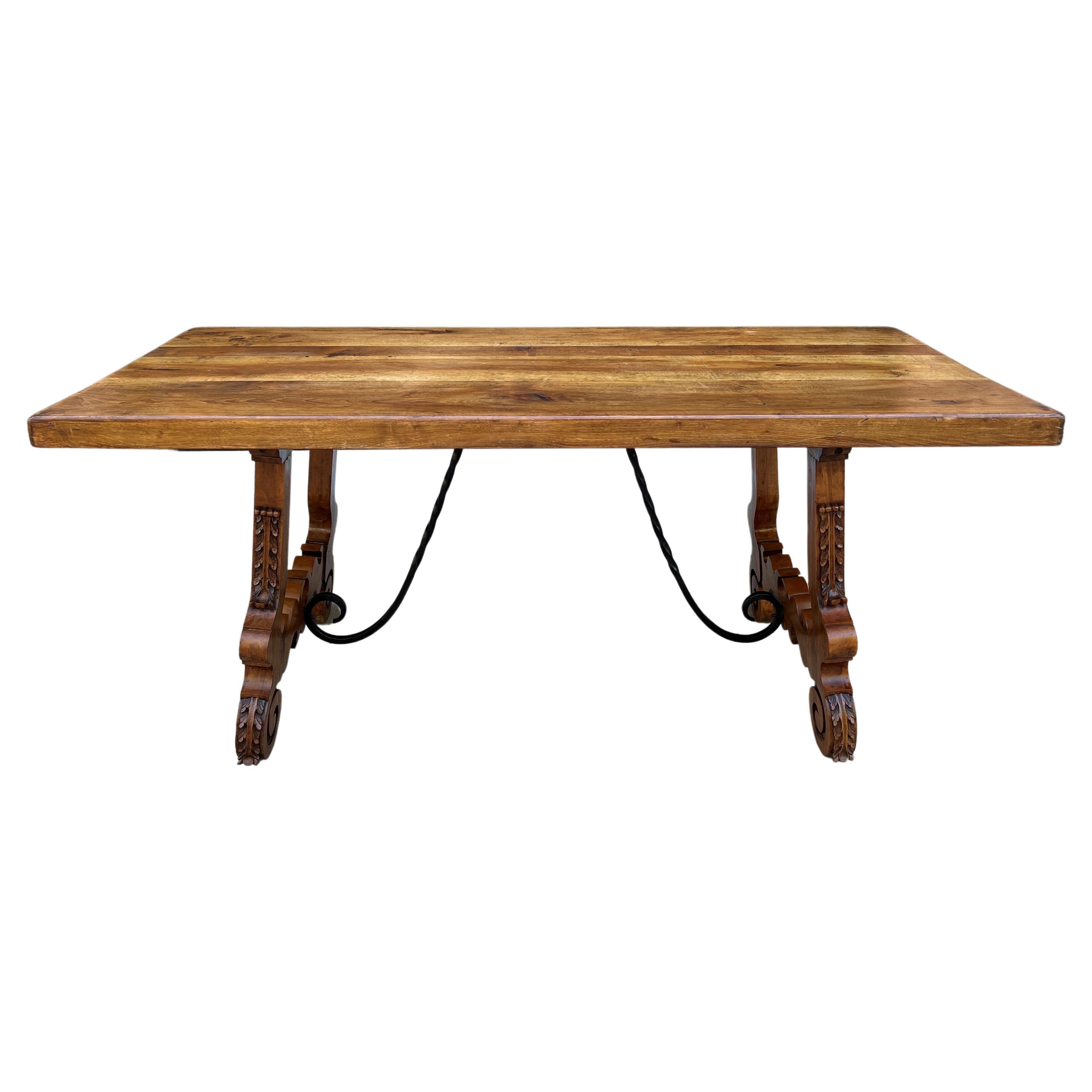 Antique Spanish Colonial Dining Table Walnut & Iron Catalan Style Library Desk