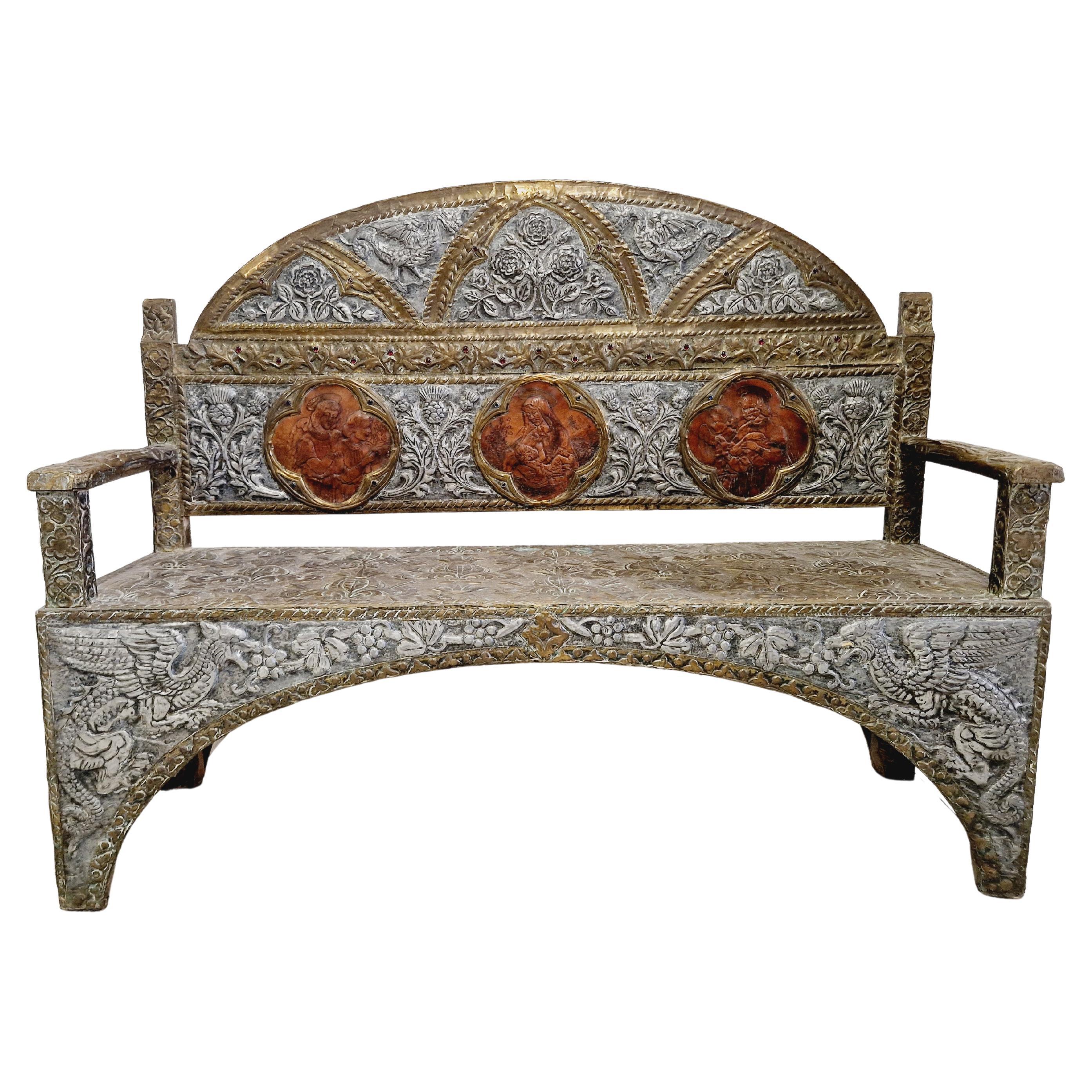 Antique Colonial Embossed Metal and Brass Sofa