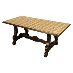 Antique Spanish Colonial Hacienda Walnut Talavera Tile Top Table Six Chairs 1890