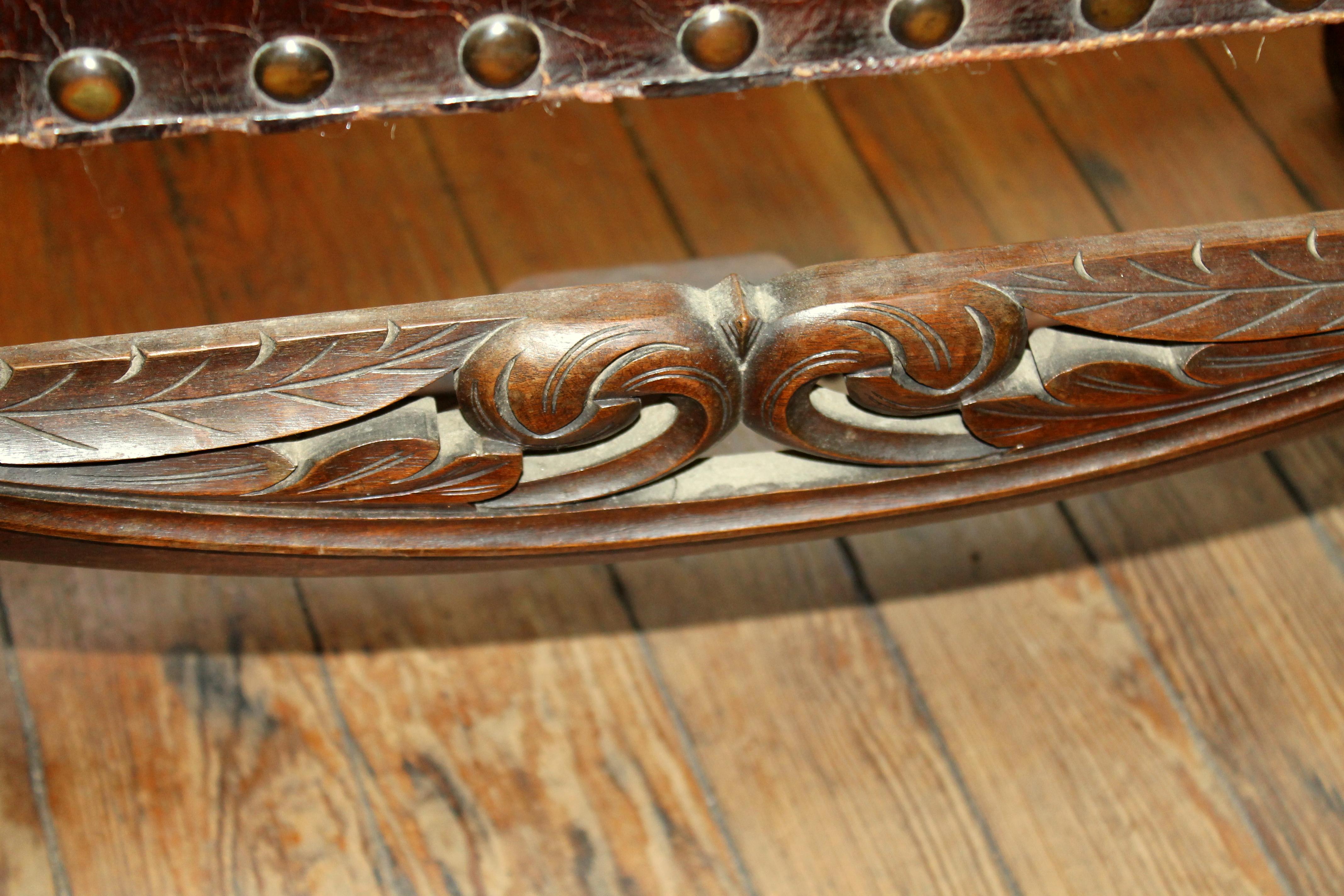 Antique Spanish Colonial Hand-Carved Mahogany Embossed Leather Long Bench 4
