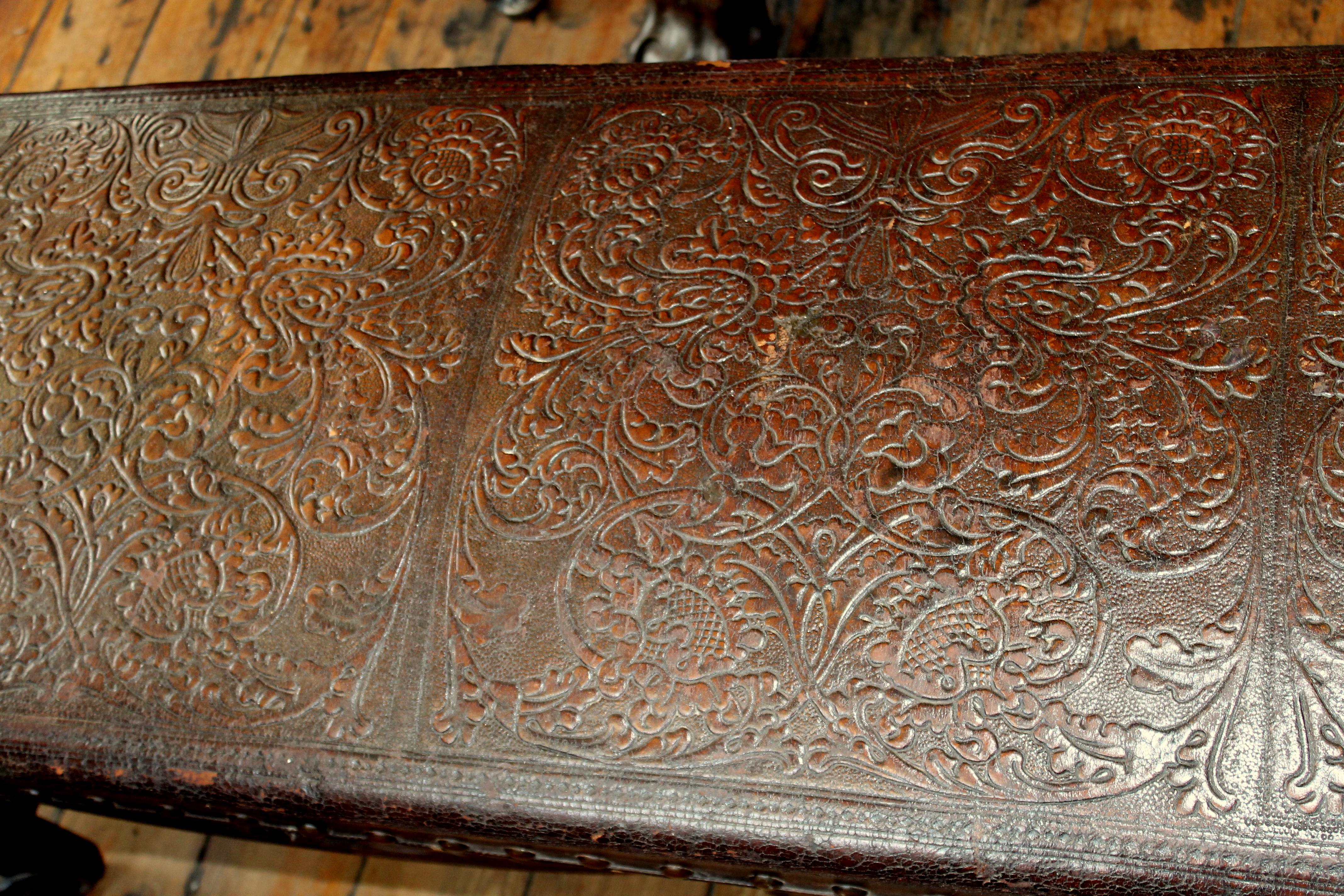 19th Century Antique Spanish Colonial Hand-Carved Mahogany Embossed Leather Long Bench