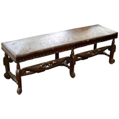 Antique Spanish Colonial Hand-Carved Mahogany Embossed Leather Long Bench