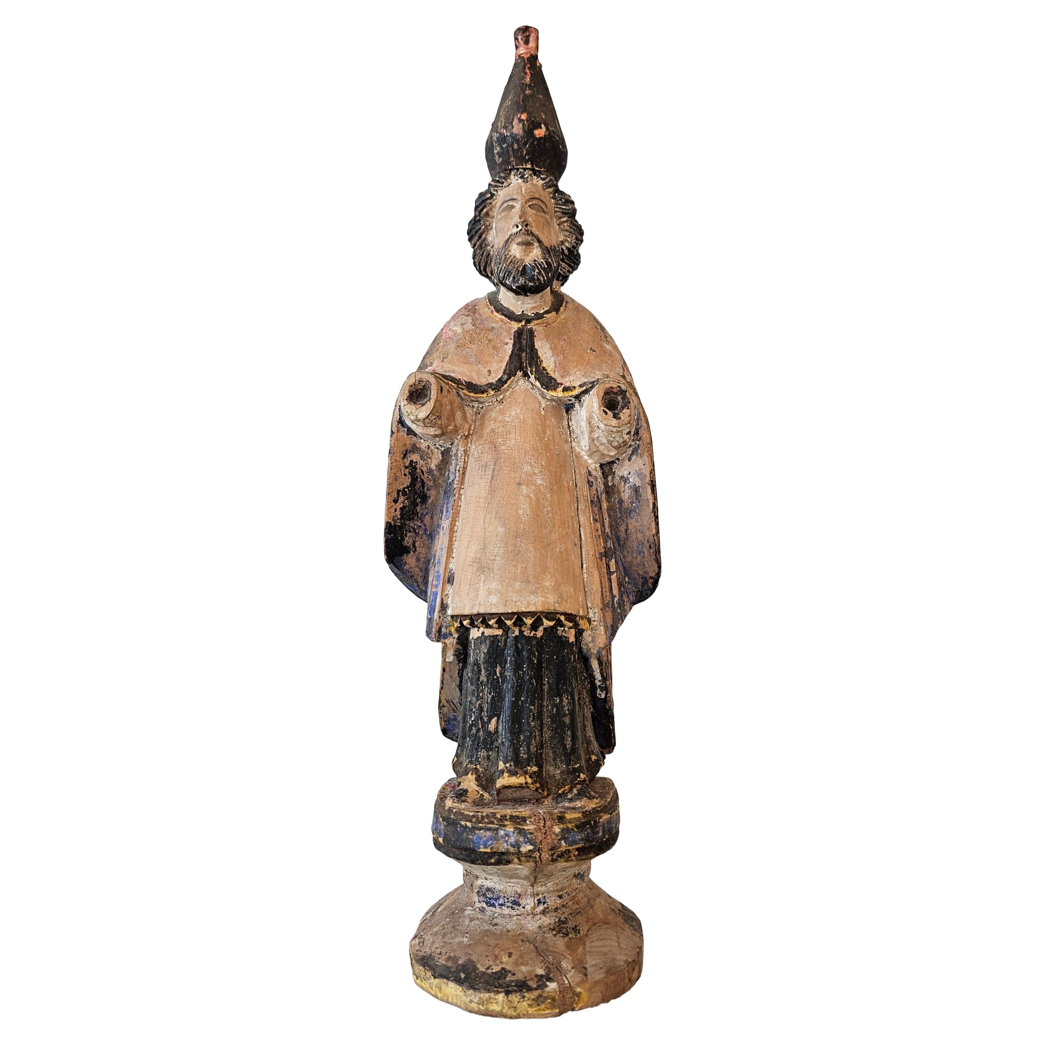 Ancienne figure d'autel saint hispano-Philippin colonial espagnol sculptée polychrome