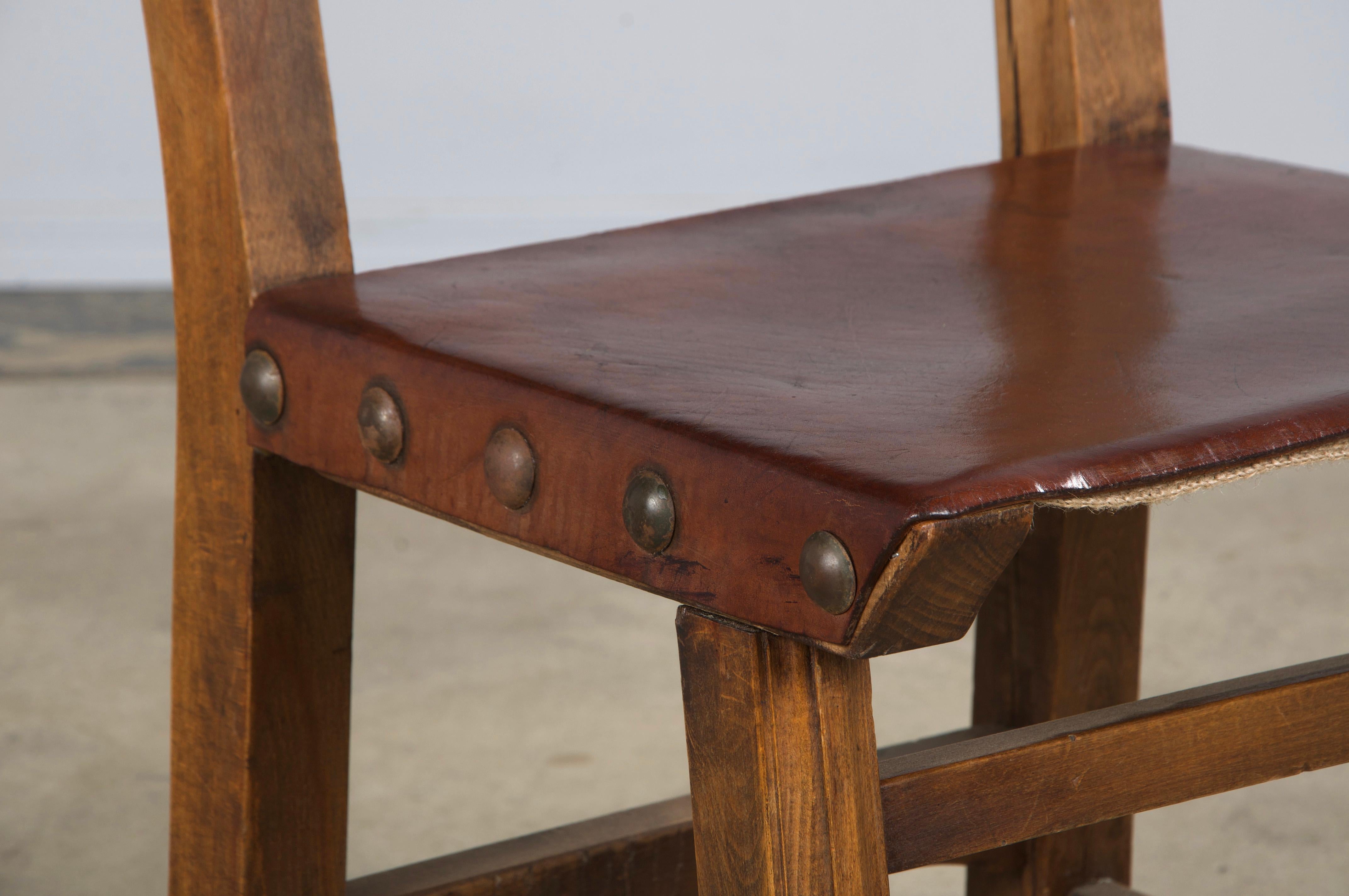 Antique Spanish Colonial Oak Dining Chairs W/ Brown Leather - Set of 8 For Sale 6